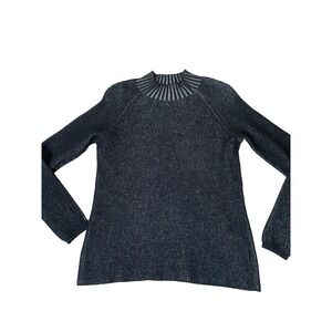 Magaschoni Women's Sweater, Black/Silver Lurex mock neck stretch SZ LG